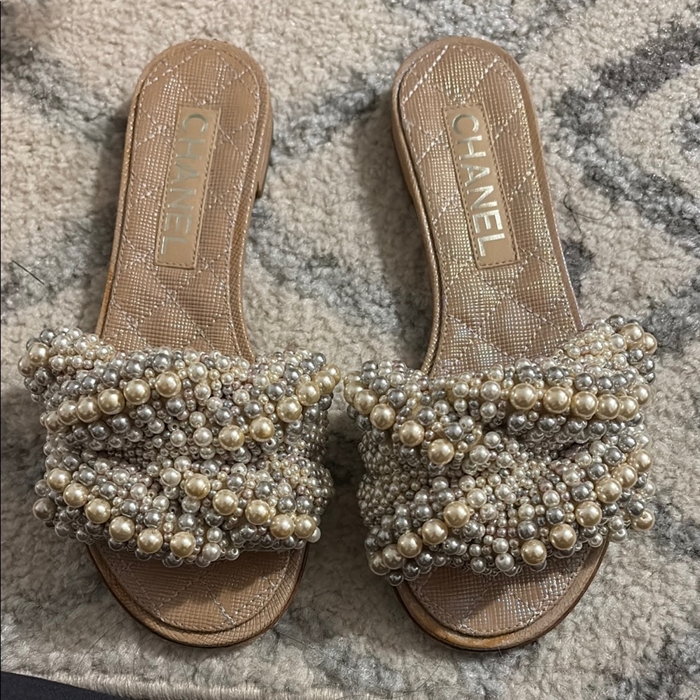 Chanel Women's Pearl Embellished Sandals - Cream